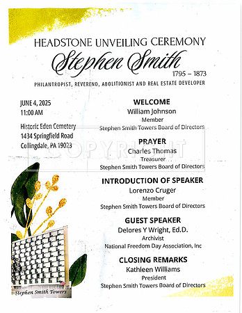 program EDEN CEMETERY 06042025 HEADSTONE UNVEILING CEREMONY Stephen Smith 1795 - 1873 KTIPLAURA